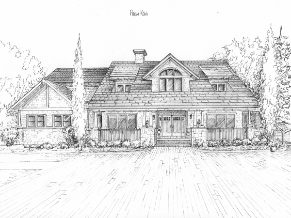 Sketch of house in black ink