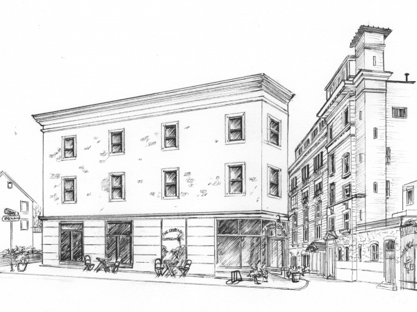 drawing in ink of building or business