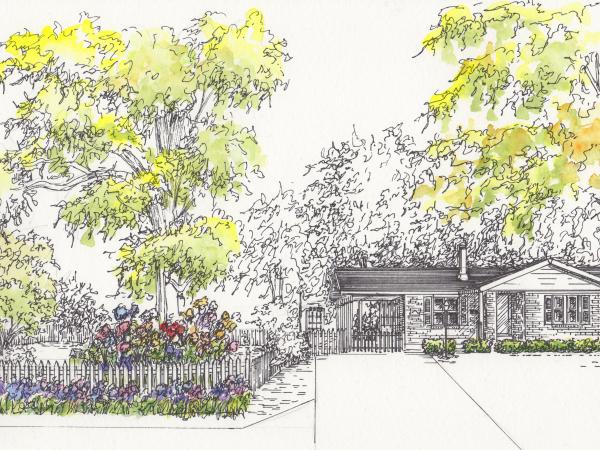 house portrait in ink with color